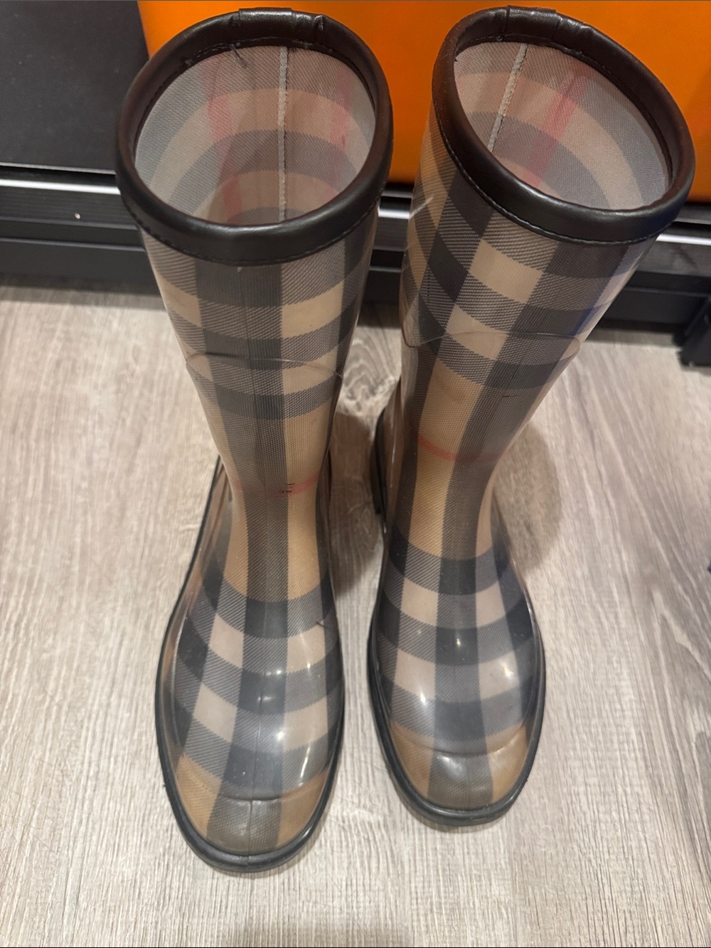Burberry Tan Black Check Tall Rain Boots